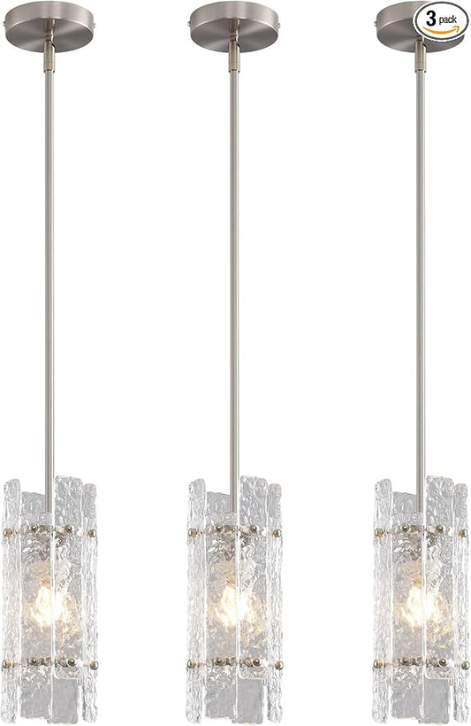 Brushed Nickel Glass Pendant Light for Kitchen Island, Luxury Mini Water Ripple Crystal Chandelier Fixture, Modern round Adjustable Hanging Pendant Lighting for Dining Room Bathroom Hallway (3-Pack)