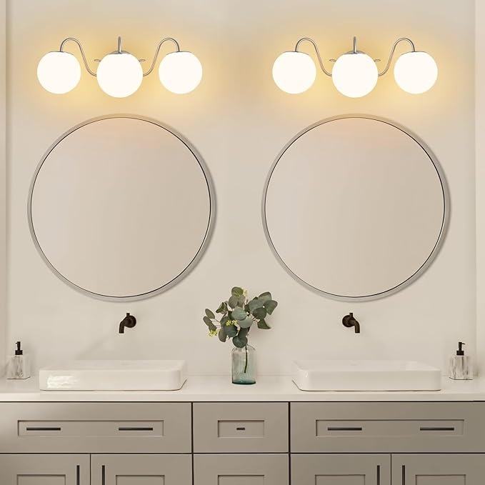 3 Lights Vintage Bathroom Vanity Light Fixtures Over Mirror, Brushed Nickel Vanity Lights For Bathroom With Milk White Glass Globe Shade, Wall Lights For Bedroom, Hallway, Dressing Table(G9 Incl.)