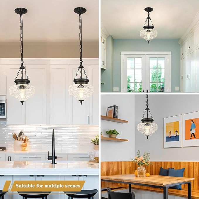 Vintage Pendant Light - Matte Black Pendant Lights Kitchen Island with Floral Glass, Hanging Lighting Fixtures with Adjustable Hanging Chain for Kitchen, Island, Dining Room, Entryway