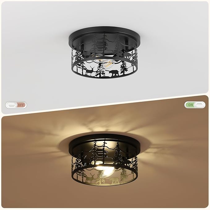 Rustic Farmhouse Flush Mount Ceiling Light, 2-Light Black Metal Bear Design E12 Round Ceiling Light Fixture, for Kitchen, Bedroom, Foyer, Cabin Lighting (Bulbs Not Included)