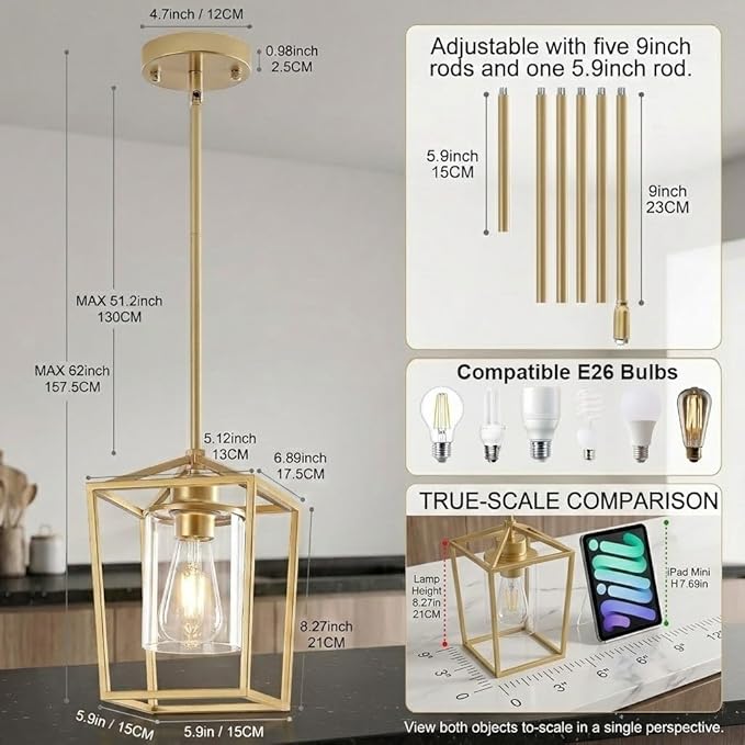 3 Pack Gold Pendant Lights, Farmhouse Kitchen Pendant Lighting Over Island, Metal Cage Hanging Lights with Clear Glass Shade for Kitchen Island, Dining Room, Entryway, Hallway