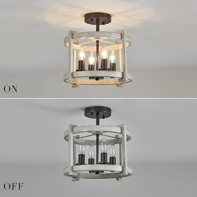 MEIXISUE 4-Lights Retro Semi Flush Mount Ceiling Light Fixtures,ORB+Oak White,Farmhouse Rustic Vintage Antique Ceiling Light Fixture for Hallway Kitchen Dining Room Bedroom UL Listed