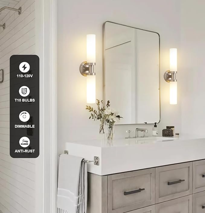 SANTOSTOCK Brushed Nickel Bathroom Light Fixtures, 2-Light Vanity Lights W/White Glass Shade, Modern Sconces Wall Lighting for Mirror Kitchen Bedroom Hallway Living Room, E26 T10 Bulbs(Excluded)