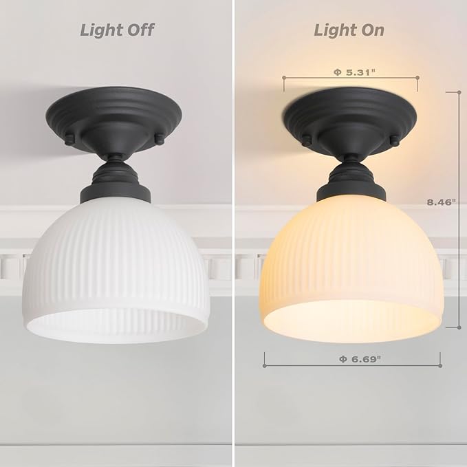 Industrial Flush Mount Ceiling Light with White Striped Globe Glass Lampshade, Vintage Glass Close to Ceiling Light Fixture for Kitchen Island Bedroom Entryway Stairwell