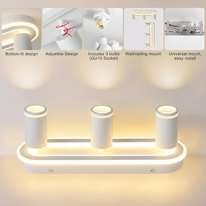 LED 3 Light Track Lighting Spotlight Kit, White Ceiling Spotlights, Modern Track Light Fixture with Flexibly Rotatable Light Heads, 35W+15W Dual Lighting for Kitchen Living Room,Includes 3 x GU10 Bulb