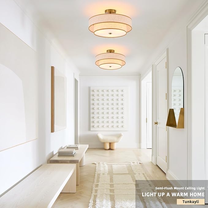 3-Light Drum Semi Flush Mount Ceiling Light, 18" Modern Gold Ceiling Lighting Fixture, Vintage 2-Tier Linen Ceiling Lighting for Living Room, Bedroom, Kitchen, Dining Room, Hallway, Entryway