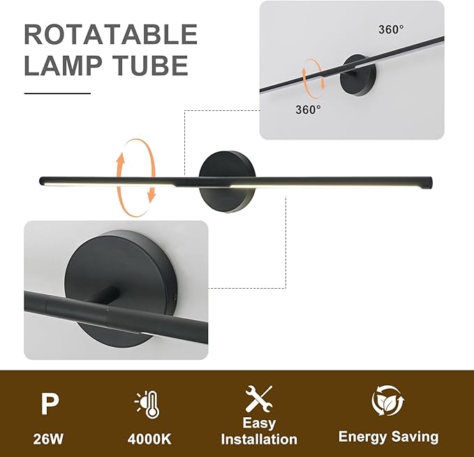 Matte Black Bathroom Light Fixtures Over Mirror 36 Inch, 26W 360° Rotatable Dimmable 4000K Led Vanity Light Bar, Modern Bathroom Vanity Lights Above Mirror