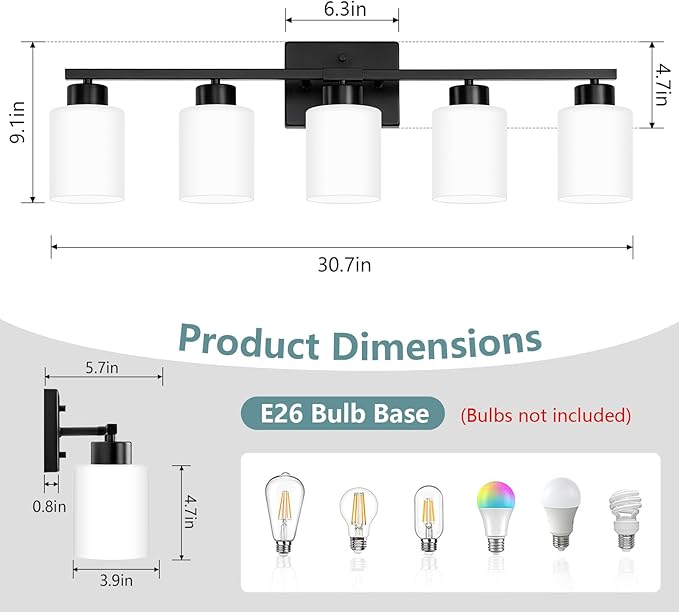 Black Bathroom Light Fixtures, 5-Light Modern Vanity Lights with Milky White Frosted Glass Shades, Wall Sconces for Mirror, Bathroom, Restroom (E26 Socket)