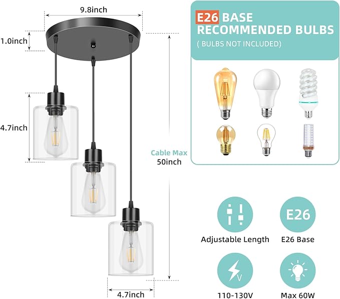 CANMEIJIA 3-Light Pendant Light Fixtures Black Glass Pendant Lights Kitchen Island, Industrial Hanging Pendant Lighting for Dining Room Bedroom, Modern Ceiling Lamp E26 Base, Bulbs Not Included