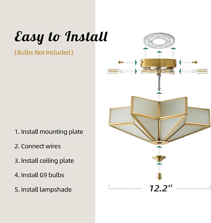 Star Brass Vintage Ceiling Light - 12.2 in Small Milk Glass Antique Brushed Gold Flush Mount Fixture, Mid Century Art Deco Overhead Lighting for Kitchen Hallway Bedroom Bathroom Laundry Entryway Hall