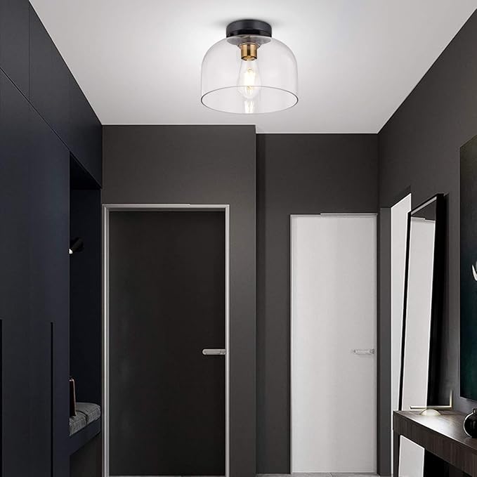 Farmhouse Flush Mount Light, 9.84 inches Clear Glass,Brush Gold Socket,Matte Black Ceiling Light Fixture for Hallway, Entryway, Laundry Room