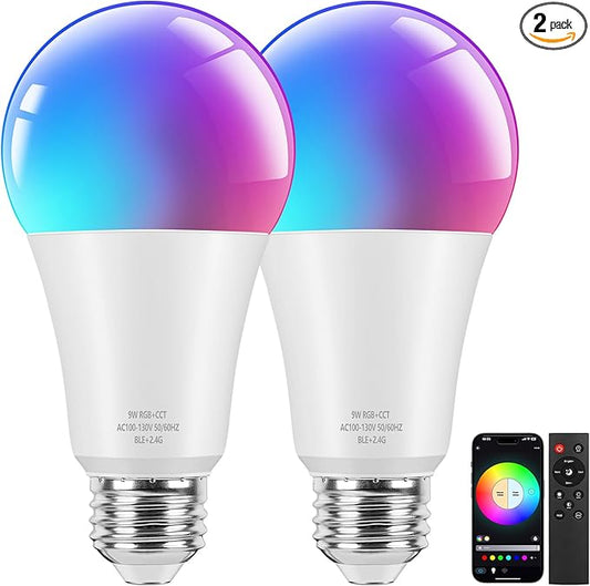 Brightever Smart A19 LED Light Bulbs, 60W Equivalent 800LM Color Changing E26 9W Bluetooth Light Bulbs with Remote Control, 16 Million DIY Colors RGBWW, Music Sync, 2-Pack