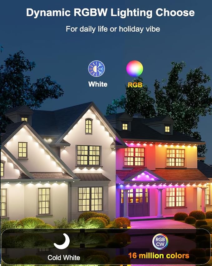 Permanent Outdoor Lights for House, 100ft with 60 LEDs Under Eaves Lighting, Smart RGBW+IC Outdoor Christmas Lights APP/Remote Control, DIY Scene, IP67 Waterproof for Holiday & Daily Decor