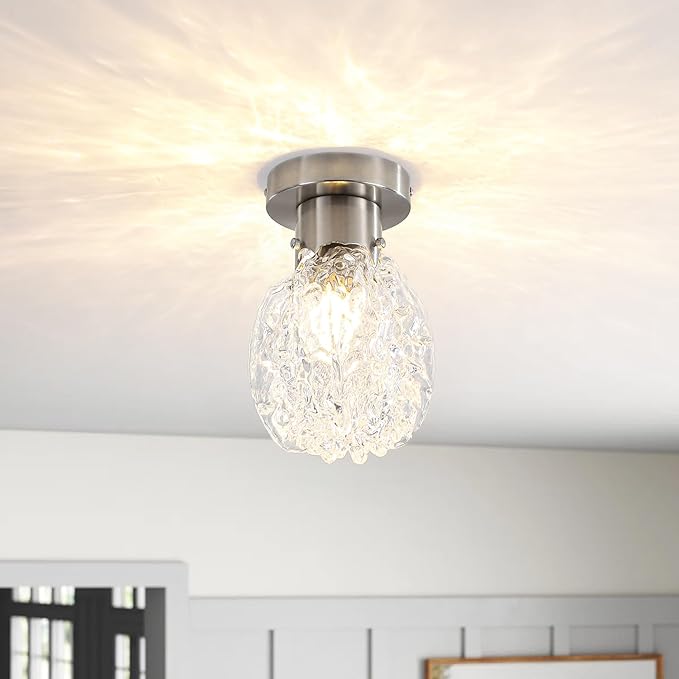 BUXVRCS Semi Flush Mount Ceiling Light Silver, Hammered Glass Hallway Ceiling Light Fixture, Small Vintage Close to Ceiling Light for Living Room Bedroom Bathroom Kitchen Entryway with E26 Base