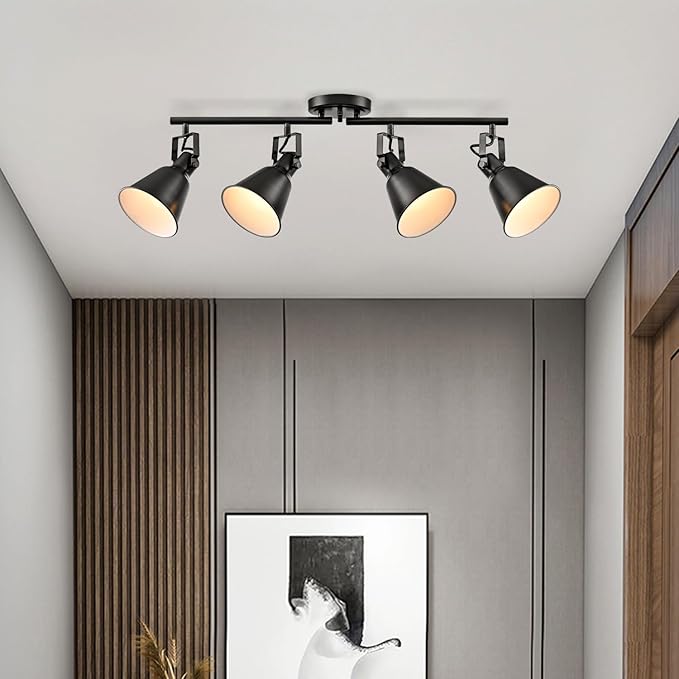 DIRYZON 4-Light Industrial Matte Black Adjustable Round Track Lighting, Semi Flush Mount Ceiling Light with Multi-Directional Heads for Kitchen, Living Room, Bedroom, Hallway, Dimmable