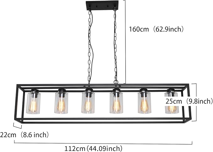 6-Light Black Kitchen Island Lighting with Clear Glass Shade, Modern Farmhouse Dining Room Light Fixtures Over Table, Island Lights for Kitchen, Dining Room, Bar, Foyer