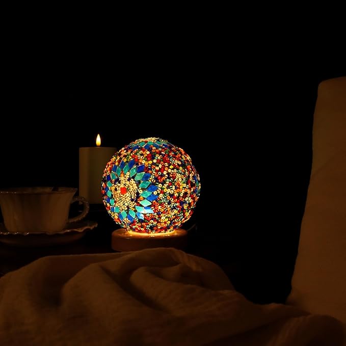 HAIDOLIANG Turkish Table lamp (D:4.7" x H:5.2"),Mosaic Glass Lamps with Wooden Base, Bohemian Tiffany Bedside Lamps, USB Power Moroccan Lantern for Living Room Decorations (Boho - Blue, Boho)