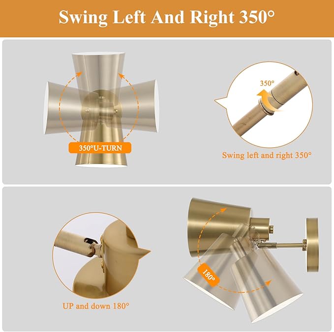 Battery Operated Wall Sconce Set of Two,Gold Modern with Remote Control Dimmable Wall Lighting Indoor, Not Hardwired Led Wall Lamp Fixtures for Bedroom, Bulb Included