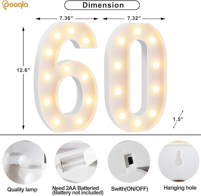 Pooqla 60th Birthday Decorations for Women Men, Large 12.6 in Tall Light Up Numbers for Party Decorations Table Decor, Big Marquee Numbers 60th Birthday Gift for Women Men Wedding Anniversary Decor