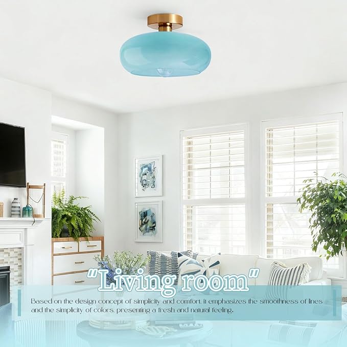 Lighting Nordic Glass Flush Mount Ceiling Light Mid Century Round Semi Flush Mount Ceiling Light Fixtures wtih Blue Dome Glass Shade Bathroom Overhead Lights Hallway Lights Fixture