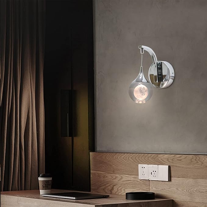 Sedelan LED Crystal Wall Sconce, Moon Modern Wall Light Fixture, 5W Dimmable Wall Lights for Bedroom Bedside Living Room Bathroom Corridor Hallway, Chrome