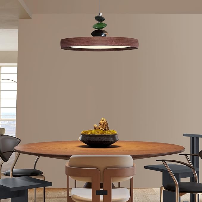 Mikeru Modern Pendant Lights, 23.6" Wood Grain Finish Pendant Lighting Fixture with Remote Control Dimmable 3 Color Mode & Brightness Mid Century Island Light Fixture for Dining Room,Living Room