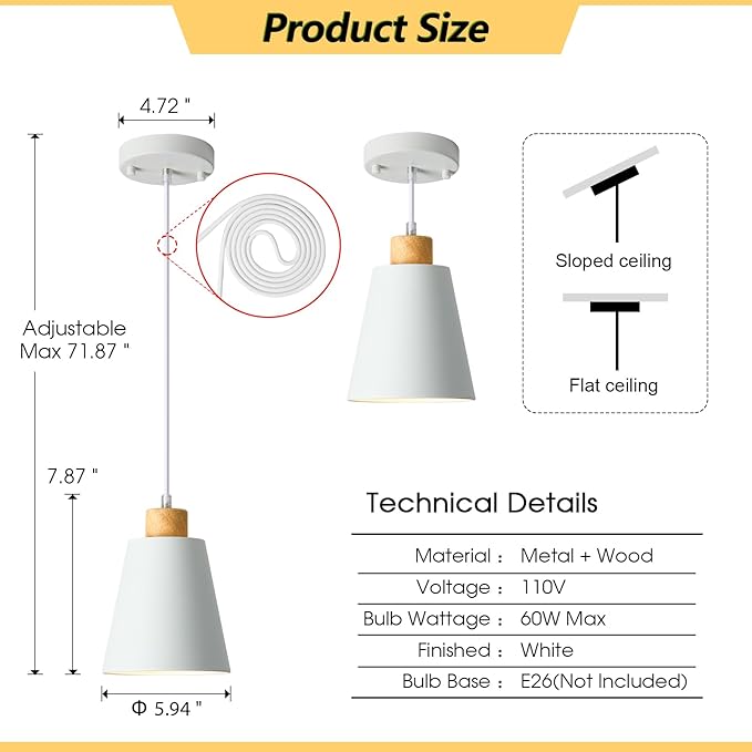 White Pendant Light Kitchen Island Wood Pendant Lighting Mini Modern Hanging Light Small Pendant Light Fixture for Dining Room,Bar,Bedroom,Adjustable Cord,5.94 inch,3 PCS