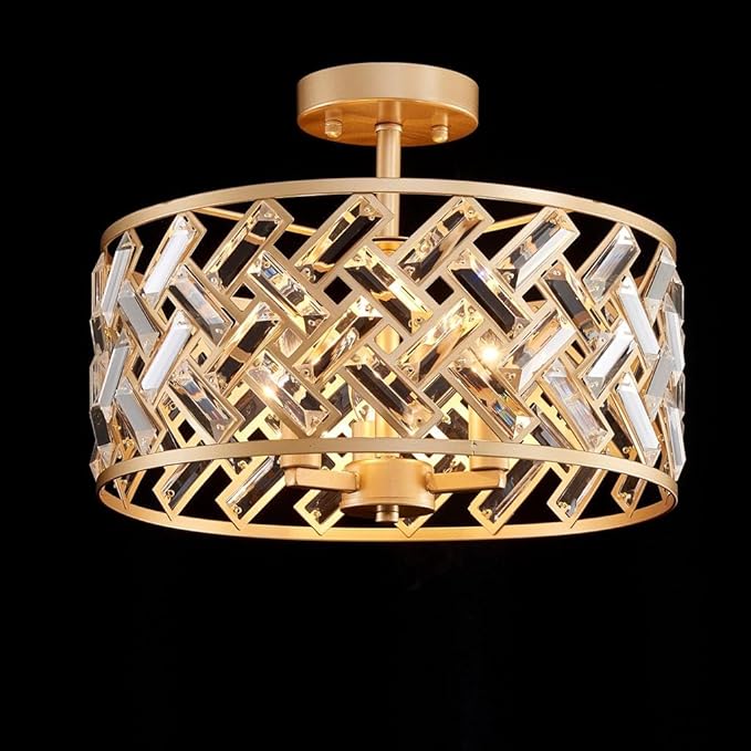 AGV LIGHTING Gold Semi Flush Mount Ceiling Light Fixture, Crystal Chandelier Ceiling Lighting Fixture for Bedroom, Kitchen, Hallway