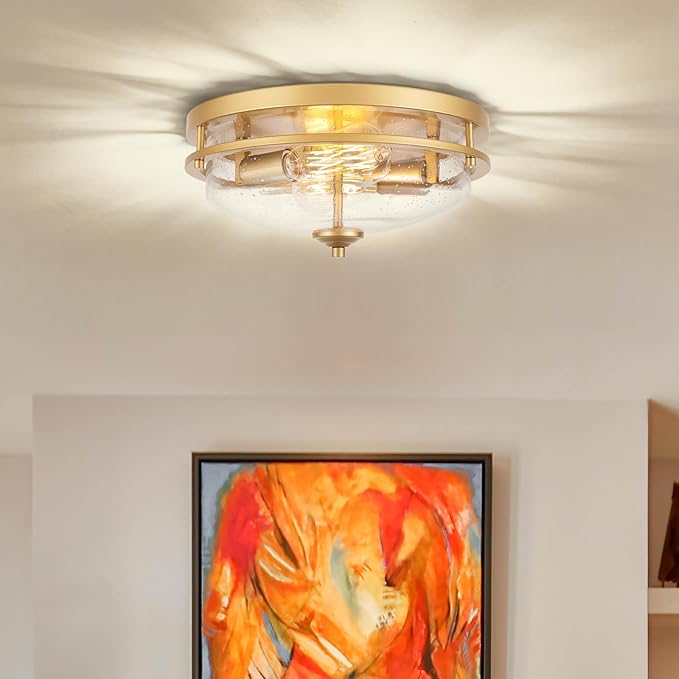 Edwarmlux Flush Mount Ceiling Lights, 2-Light Farmhouse Close to Ceiling Light, Industrial Ceiling Lighting Fixture for Kitchen Hallway Bedroom Living Room Stairways Porch (Gold)