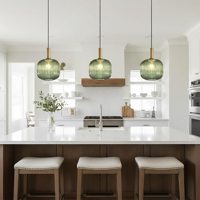 Green Glass Plug in Pendant Light 9.8" Vintage Gold Brass Hanging Lamp with On/Off Switch Mid Century Modern Plug in Hanging Light for Kitchen Dining Room Living Room Bedroom
