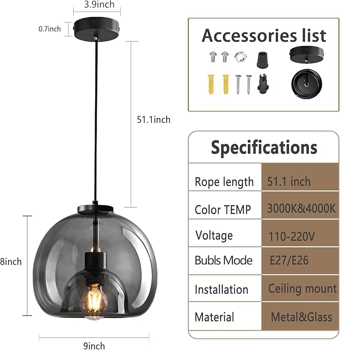 Large Smoke Glass Pendant Light for Kitchen Island, Includes Extra Bulb & 4.26FT Adjustable Cord, Modern Pendant Lighting Fixtures for Kitchen, Dining Room, Living Room(9in, 1-Pack)