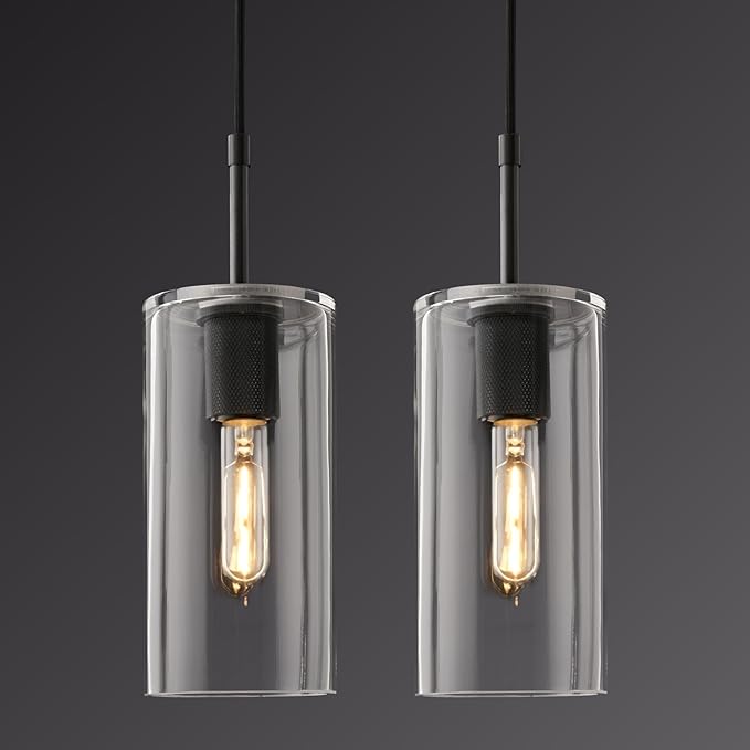 Modern Pendant Light Kitchen Island Set of 2, Adjustable Black Clear Glass Pendant Light Fixtures, Pendant Lighting Over Island, Indoor Chandelier for Bedroom Bathroom, Included Bulb