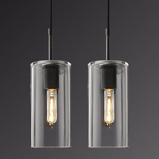 Modern Pendant Light Kitchen Island Set of 2, Adjustable Black Clear Glass Pendant Light Fixtures, Pendant Lighting Over Island, Indoor Chandelier for Bedroom Bathroom, Included Bulb