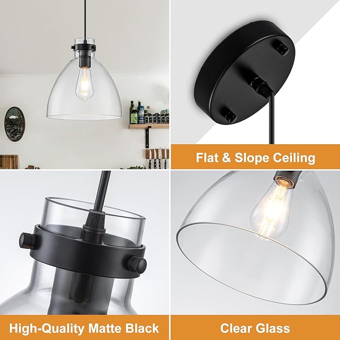 WILON Pendant Lights, Pendant Lights Kitchen Island, 1-Pack Black Farmhouse Pendant Light Fixtures with 9.8" Round Glass Shade for Dining Room Over Table Sink Bar Foyer