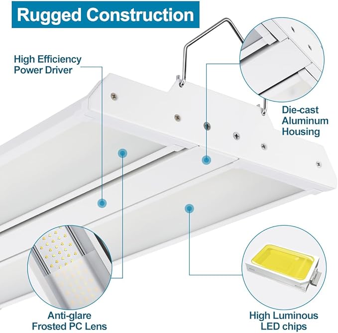 High Bay LED Shop Light 2 Pack 2FT 200W 28000LM, 4000K/5000K Selectable 100-277V, Linear High Bay Lights for Warehouse Workshop Supermarket Stadium, Power Tunable 200W/150W/100W, ETL