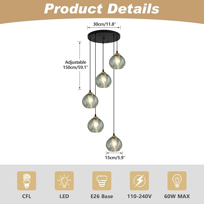 KCO Lighting 5 Light Cluster Pendant Lighting Black Globe Cluster Pendant Light Mid Century Modern Stairwell Chandelier Lighting Vintage Green Glass Pendant Light for Kitchen Island, L1170-G