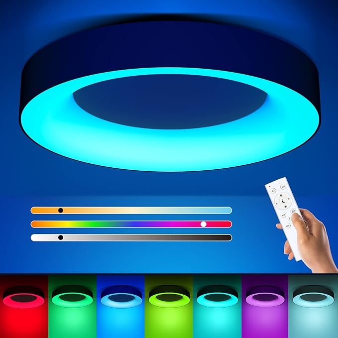Annaror RGB Led Flush Mount Ceiling Light with Remote Control, 11 Inch 24W Black Ceiling Light Fixture, 3000K-6500K Light Color Changeable, Modern Ceiling Lights for Bedroom Kids Room