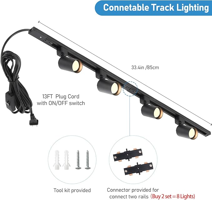 Plug in Track Lighting with Power Cord, 4-Light GU10 Track Lighting Kit with Track Rail, Modern Kitchen LED Track Lighting Fixtures Ceiling Wall Spot Light, 13FT Plug Cord, Black (No Bulbs)
