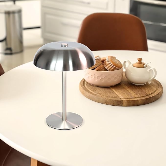 2 Pack Cordless Mushroom Table Lamp with 5200mAh Rechargeable Battery, Portable LED Night Light with Stepless Dimming, 3 Color Modes for Bedroom, Patio, Bar Decor and Coffee Shop Ambiance (Silver)