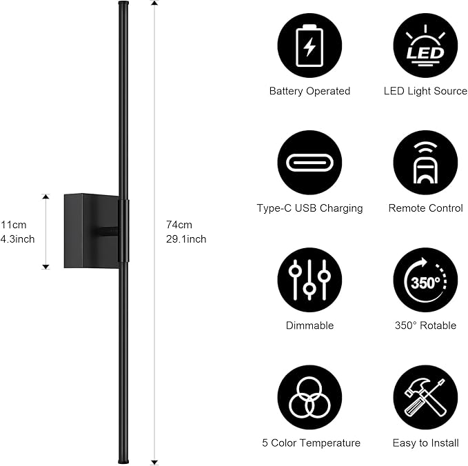 Battery Operated Wall Sconce, 5CCT Dimmable Black Wall Lights with Remote Control, Timable LED Wireless Wall Sconces, 350° Ratate for Bathroom, Living Room, Hallway 29.1 Inch 1 Pack