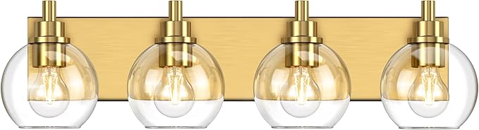 IZORRO Bathroom Light Fixtures, 4 Light Brushed Gold Vanity Light, Modern Wall Sconces with Globe Clear Glass Shade, Vanity Lighting Fixtures Over Mirror,E26 Bulb Socket