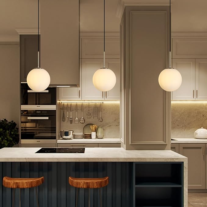 10” Plug in Globe Pendant Light Mid Century Modern Milk White Glass Globe Chandelier with 14.75ft Plug and Dimmable Switch for Bedroom Dining Room Kitchen Island, Brass