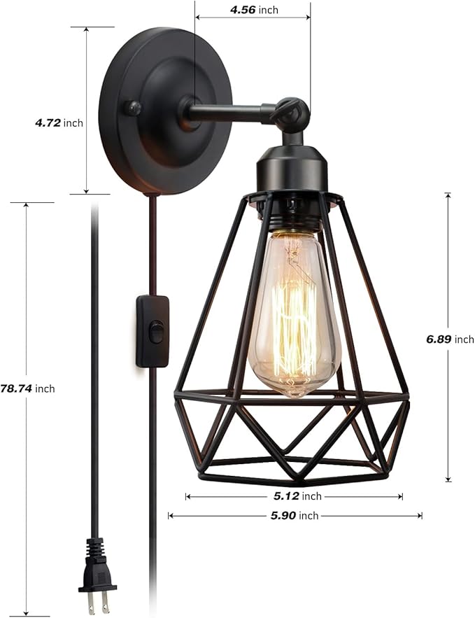 WimiSom Plug in Wall Sconce, Wire Cage, Industrial Wall Lamp with Plug in Cord, Rustic Sconce Fixture, On/Off Switch Vintage Wall Light Fixture for Headboard Bedroom Porch-2 Pack