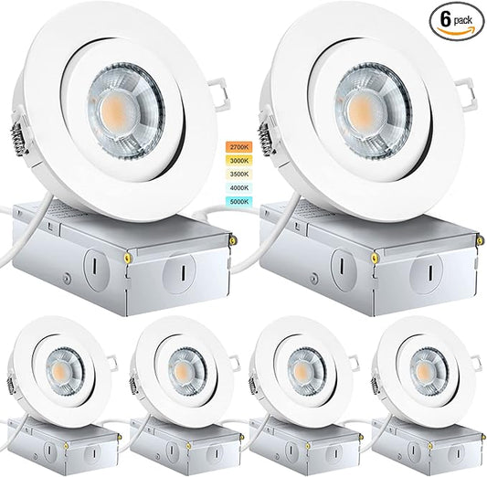 KnLnny Ware Gimbal Recessed Lighting 4 Inch 6 Pack, LED Recessed Light Dimmable with Junction Box,Adjustable Recessed Lighting, Air Tight,ETL Listed,9W 750LM,5 CCT Selectable