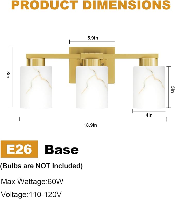 3-Light Bathroom Light Fixtures, Modern Vanity Lights, Gold Metal Wall Lamp with White Marble Glass for Bathroom, Mirror, Living Room, Bedroom, Cabinet, Porch, Hallway, E26 Base