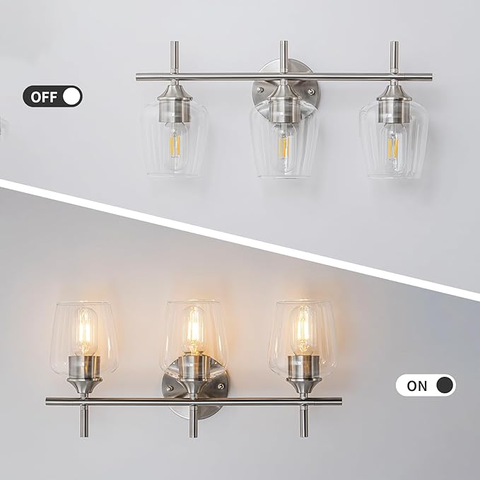 Bathroom Vanity Light Fixtures, 3-Lights Over Mirror Modern Vanity Lighting with Clear Wine Glass Shade Wall Lamp for Bedroom Hallway Living Room (Nickel, 3-Light)