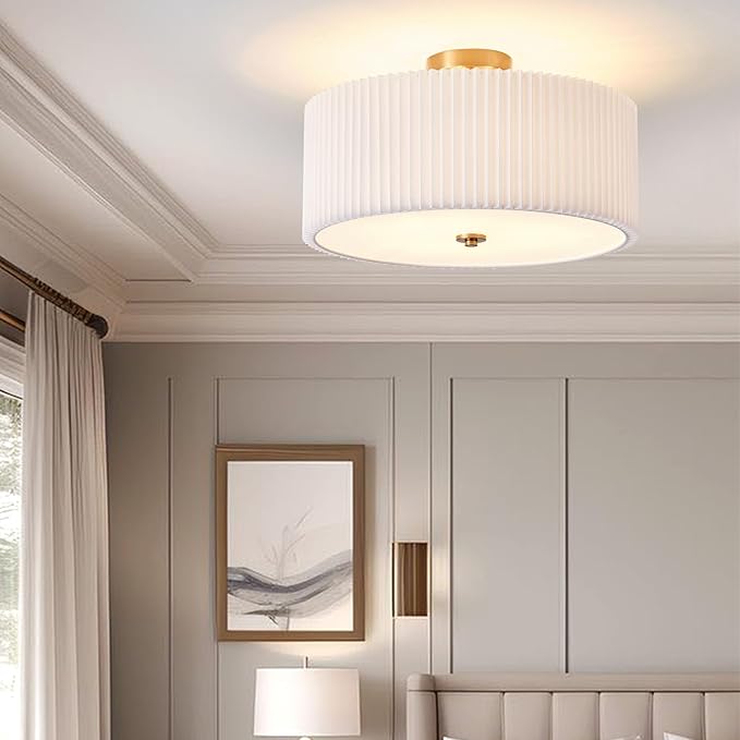 Semi Flush Mount Ceiling Light,17.7"Modern Close to Ceiling Light Fixture With White Fabric Shade, Light Fixtures Ceiling Mount Bedroom Ceiling Light for Bedroom Foyer Kitchen Living Room(Gold)
