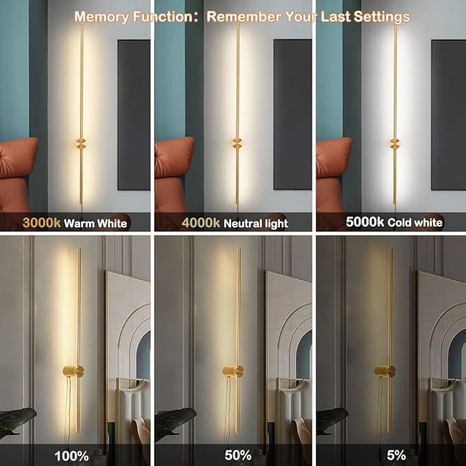 Modern Plug in Wall Sconces Set of Two,Gold Plug in Wall Light with Remote,Wall Lamp with Plug in Cord, LED Wall Light with Memory Function, Original Brand Lighting