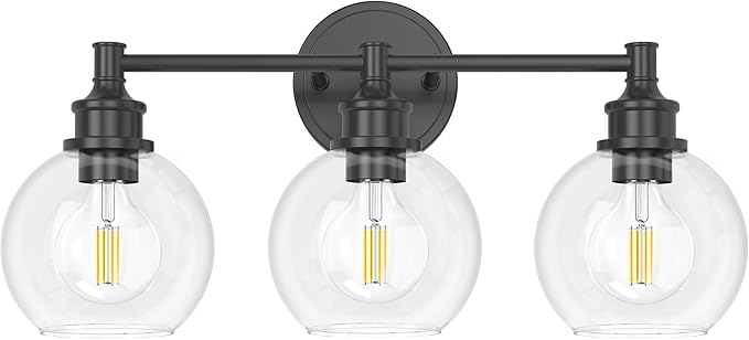 Bathroom Light Fixtures, 3-Light Matte Black Vanity Light Globe Glass Shades, Bathroom Lighting Fixtures Over Mirror, Wall Sconces for Master Bathroom, Guest Bathroom, Powder Room, 20-inch