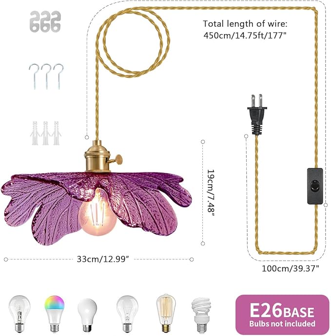 14.75ft Plug in Hanging Lamp with Purple Shade Vintage Plug in Glass Hanging Light Fixture ON Off Switch Mid Century Modern Pendant Light for Dining Room Kitchen Girls Room Bedroom